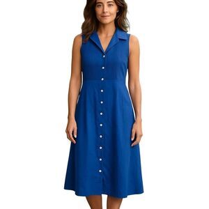Blue Sleeveless Button-Front Midi Dress